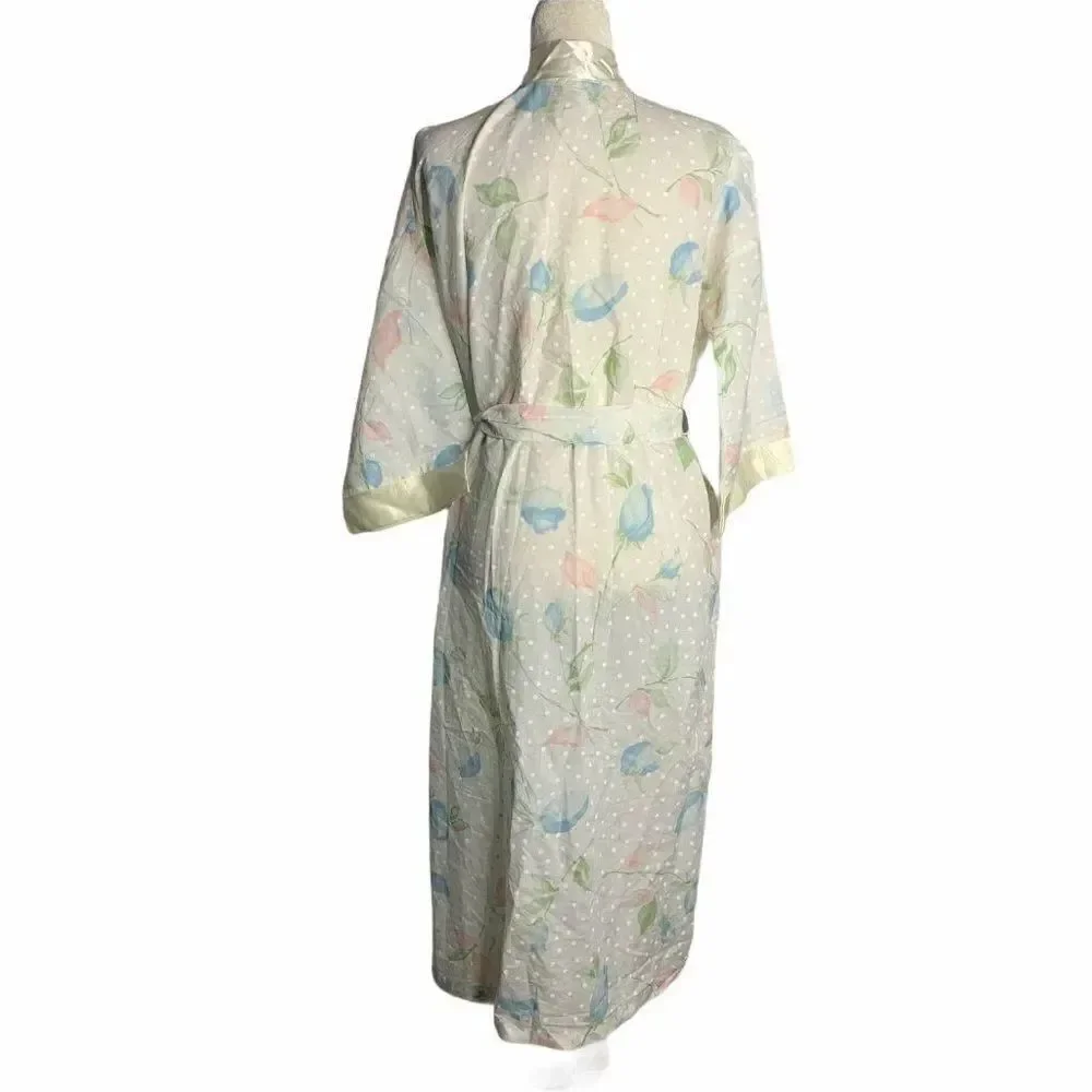 Vintage Long Floral Belted Robe S White Polka Dots